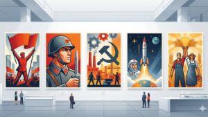 Коллаж из пяти влиятельных советских пропагандистских плакатов в современном стиле для статьи музея